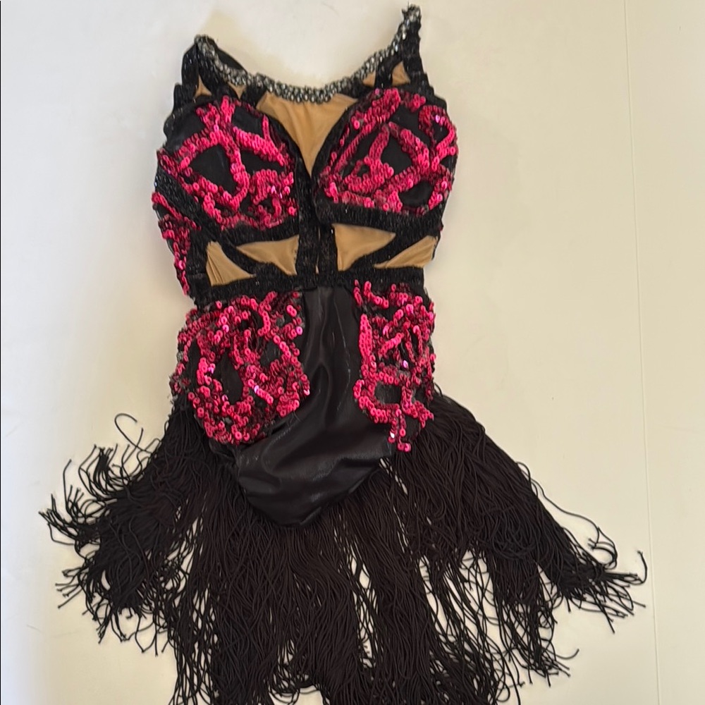 Custom Black and Pink Sequin Fringe Dance Costume child M